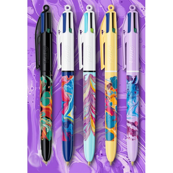 BIC Stylo &agrave; bille r&eacute;tractable 4 Colours Decors, pr&eacute;sentoir