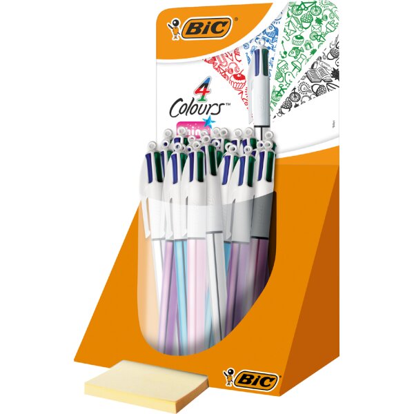 BIC Stylo &agrave; bille r&eacute;tractable 4 Colours Shine, pr&eacute;sentoir