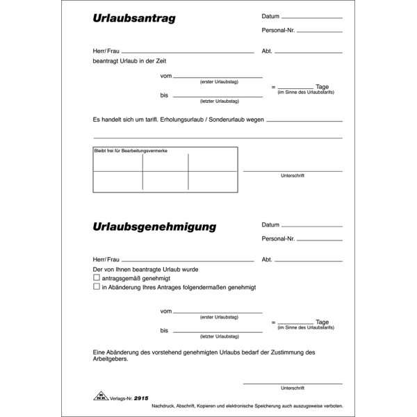 RNK Verlag Vordruck "Urlaubsantrag", Block, DIN A5