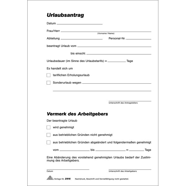 RNK Verlag Vordruck "Urlaubsantrag", Block, SD, DIN A5