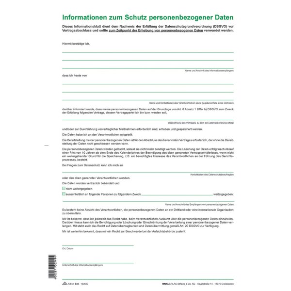 RNK Verlag Informationsblatt DSGVO: "Informationen zum
