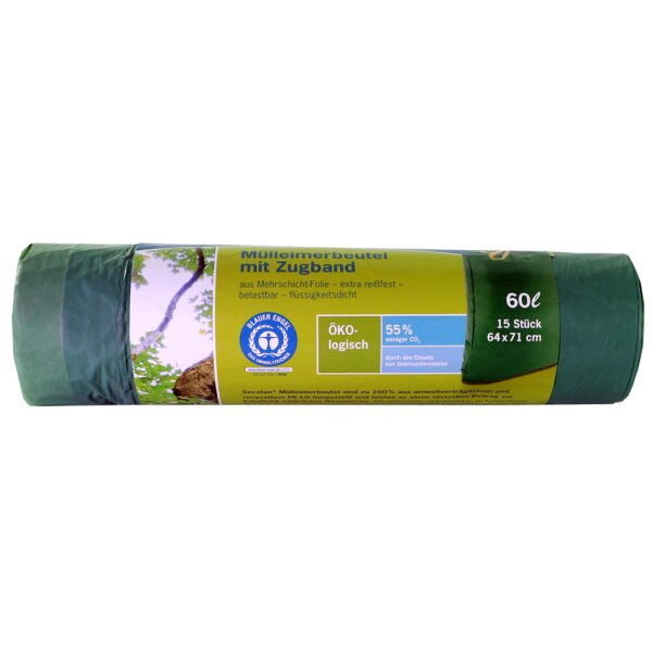 Secolan Sac poubelle à liens coulissants, 60 litres, vert