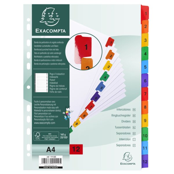 EXACOMPTA Karton-Register 1-12, DIN A4, weiss, 12-teilig