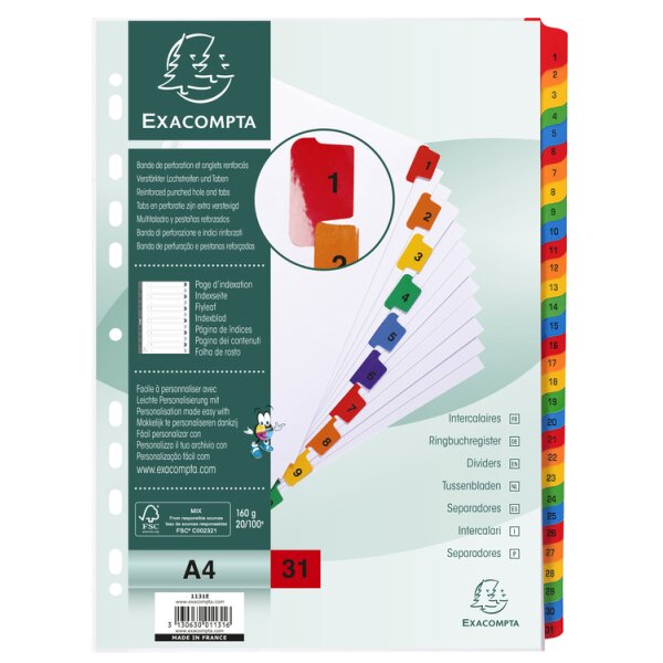 EXACOMPTA Karton-Register 1-12, DIN A4, weiss, 12-teilig