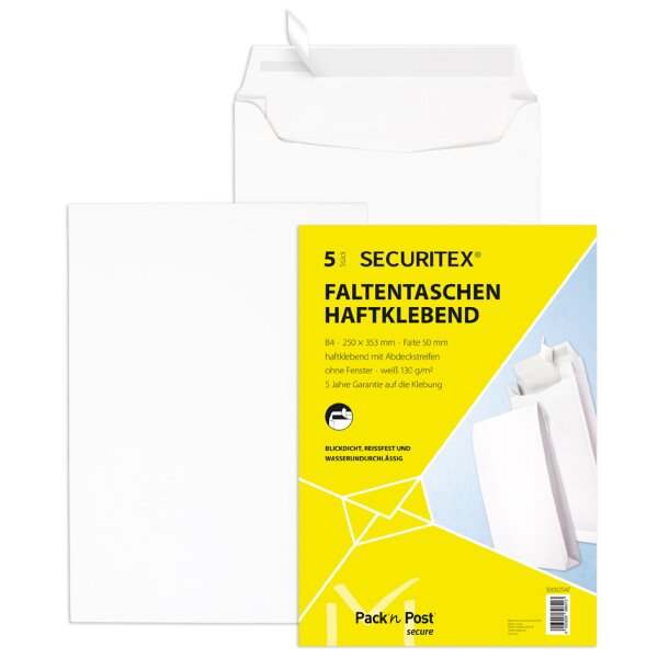 SECURITEX Faltenversandtasche B4, ohne Fenster, weiss