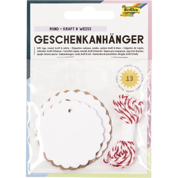 folia Geschenkanhänger rund, natur & weiss, inkl. Schnur