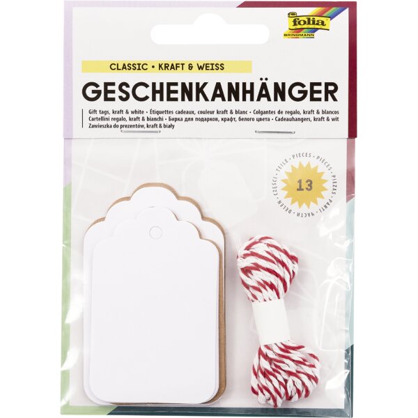 folia Geschenkanhänger lang, natur & weiss, inkl. Schnur