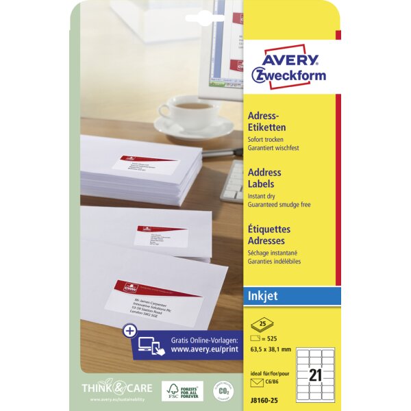 AVERY Zweckform Inkjet Adress-Etiketten, 63,5 x 38,1 mm