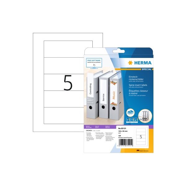 HERMA Étiquettes classeur 146x50mm 65121 blanc 125 pcs./25 feuilles