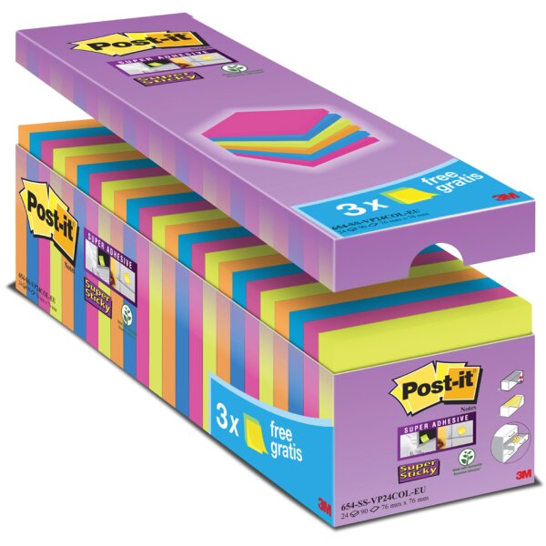 Post-it Haftnotizen super sticky notes, 76 x 76 mm, 21+3