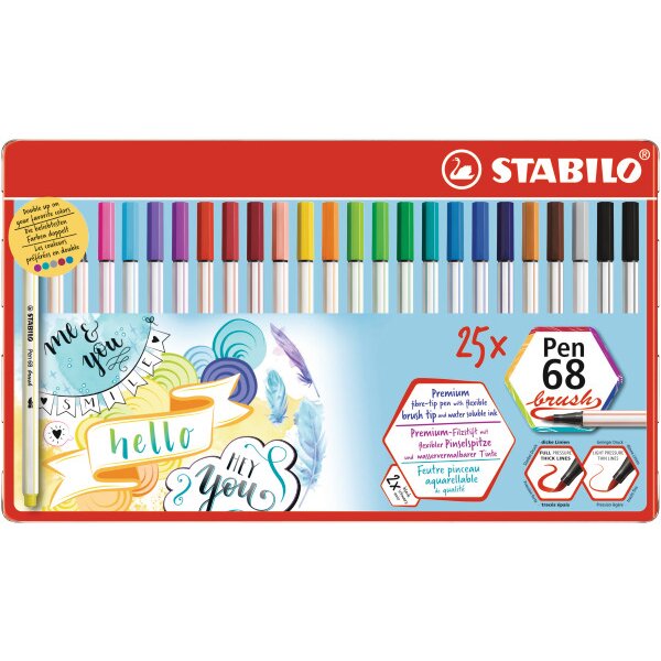 STABILO Stylo Fibre 68 brush 568/25-321 ass. 25 pcs. &eacute;tui en m&eacute;tal