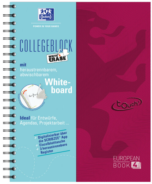 Oxford Cahier Touch European Book 4 Write & Erase, rouge
