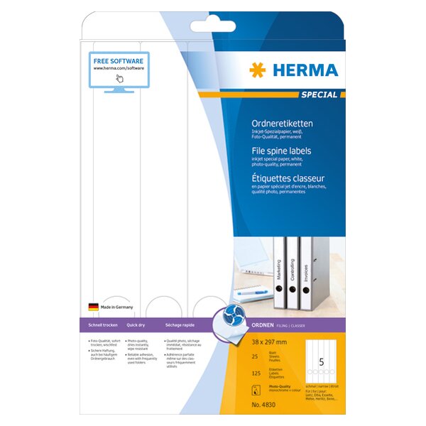 HERMA Etiquette dos de classeur SPECIAL, 38 x 297 mm, blanc