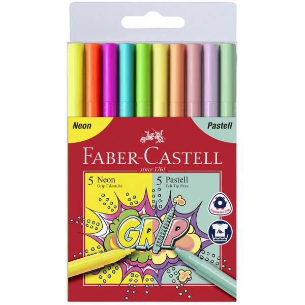 FABER-CASTELL Feutres GRIP fluo + pastel, étui de 10
