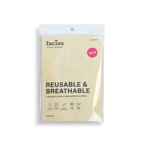 FACIES Nano Masks, hydrophober Mund-Nasen-Schutz, schwarz, waschbar, 1 Pack à 3 Stk.