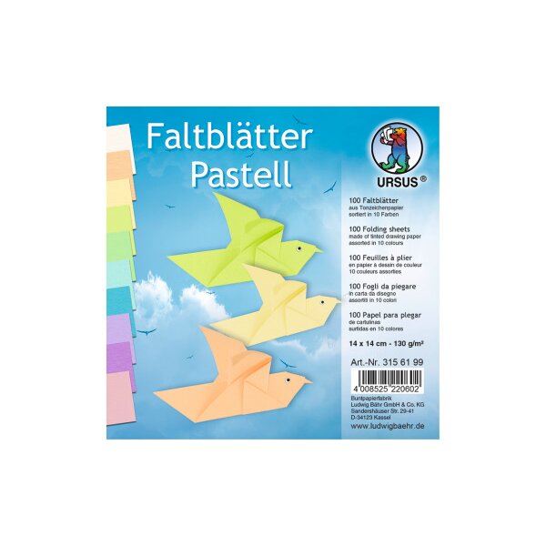 URSUS Faltblätter Origami 14×14cm 3156199 Pastell-Farben ass. 100 Blatt