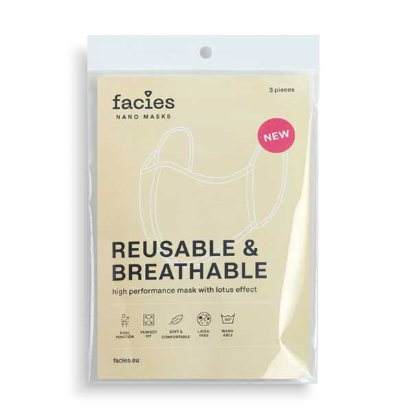 FACIES Nano Masks, hydrophober Mund-Nasen-Schutz, weiss, waschbar, 1 Pack à 3 Stk.