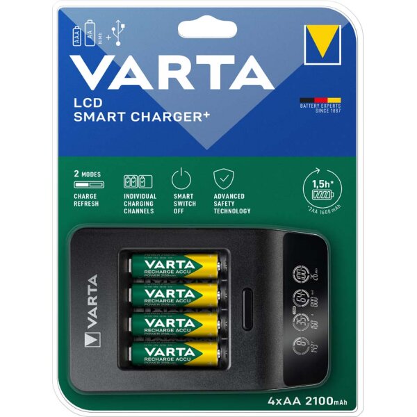 VARTA Chargeur LCD Smart Charger+, avec 4x piles Mignon