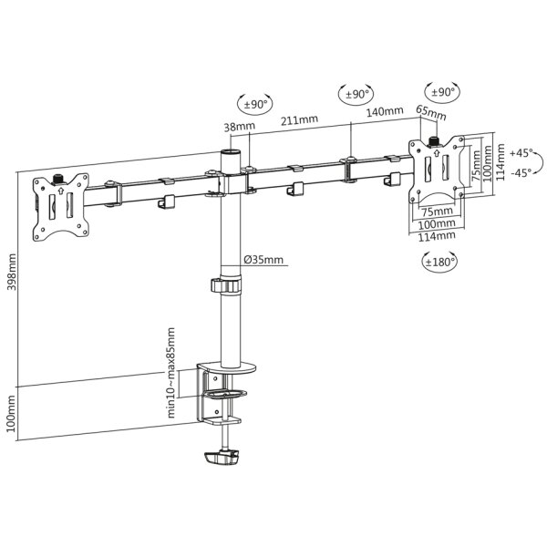 DIGITUS Support double écran universel, fixation par serrage