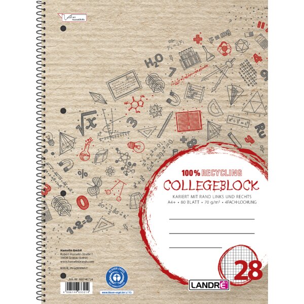 LANDRÉ Cahier à spirale Recycling, A4, ligné, 160 pages