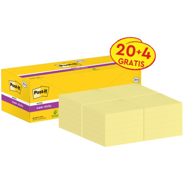 Post-it Bloc-note super sticky notes, 76 x 76 mm, 20+4