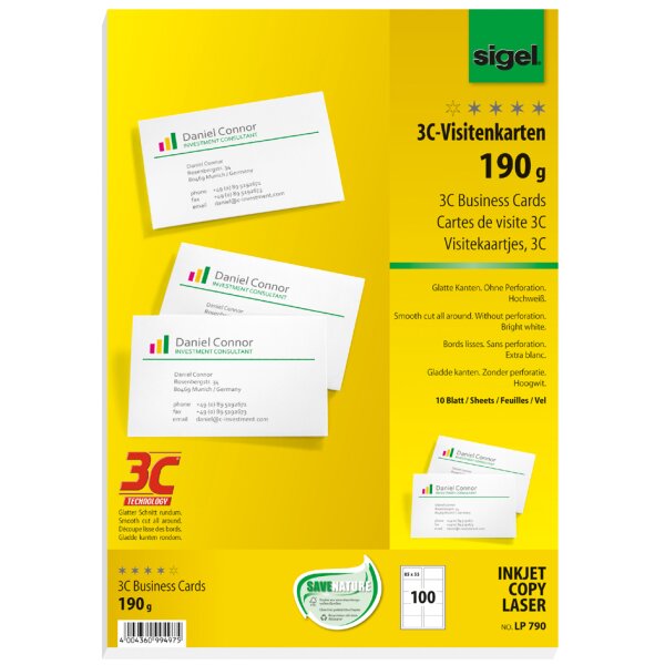 sigel PC-Visitenkarten, 85 x 55 mm, 225 g qm, hochweiss