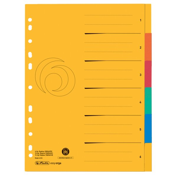 herlitz Karton-Register, A4 Überbreite, 6-teilig, blanko