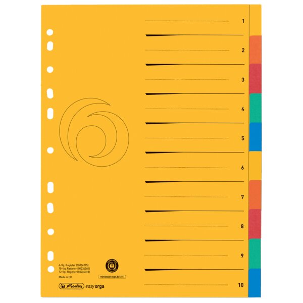 herlitz Karton-Register, A4 Überbreite, 6-teilig, blanko