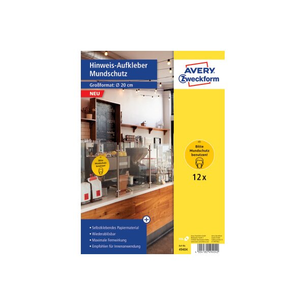 AVERY ZWECKFORM Hinweis-Aufkleber DE 20cm 49404 Mundschutz 12 St&uuml;ck