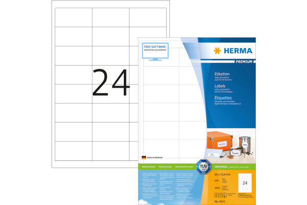 HERMA Universal-Etiketten 66x33,8mm 4614 weiss 4800 St. 200 Blatt