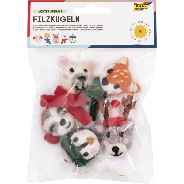 folia Boules en feutre ANIMAUX EN HIVER, 5 pièces