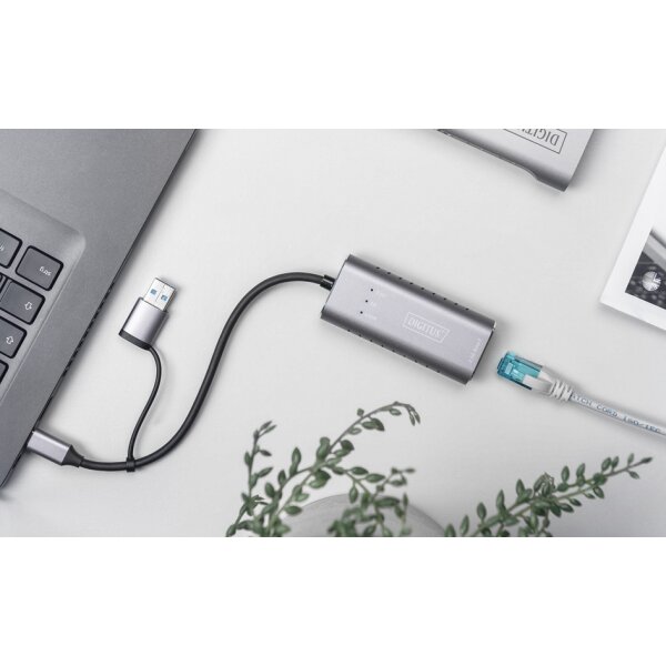 DIGITUS USB Type-C Gigabit Ethernet Adapter, USB-C + USB A