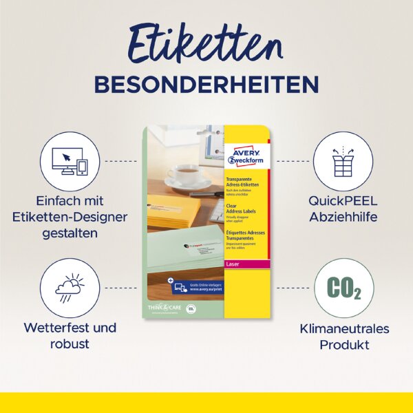 AVERY Zweckform Transparente Adress-Etiketten, 63,5 x 38,1mm