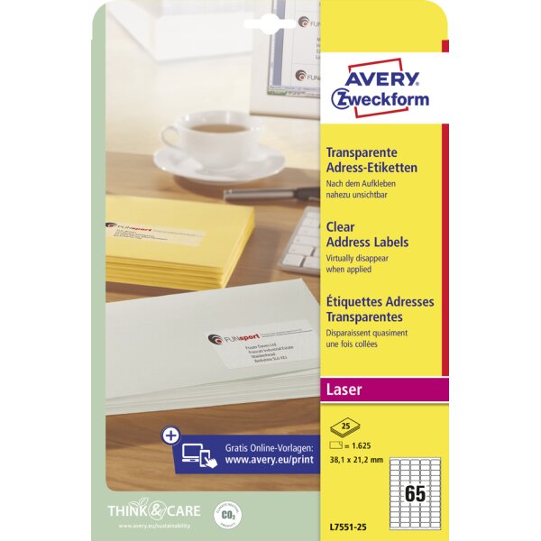 AVERY Zweckform Transparente Adress-Etiketten, 63,5 x 38,1mm