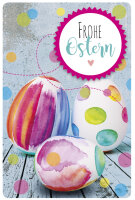 SUSY CARD Oster-Grusskarte Bunte Eier auf Holzbrett