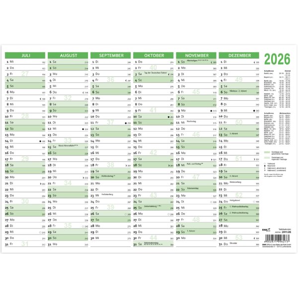 RNK Verlag Tafelkalender 2026, DIN B4 quer, 250 g/qm Karton