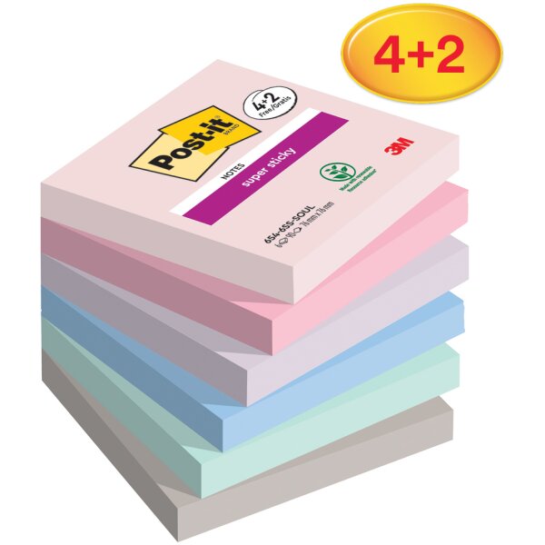 Post-it Bloc-note adhésif Super Sticky Notes, 76x76 mm, 4+2