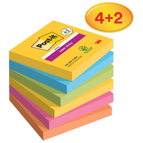 Post-it Bloc-note adhésif Super Sticky Notes, 76x76 mm, 4+2