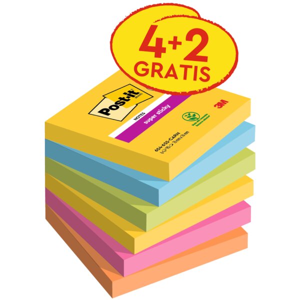 Post-it Haftnotizen super sticky notes, 76 x 76 mm, 4+2