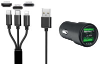 IWH Chargeur USB pour voiture 3EN1, 12/24 V, noir