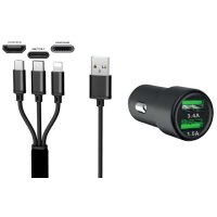 IWH Chargeur USB pour voiture 3EN1, 12/24 V, noir