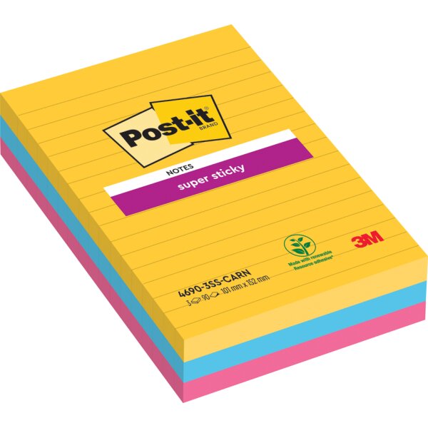 Post-it Bloc note super sticky notes, 101 x 101 mm, lign&eacute;