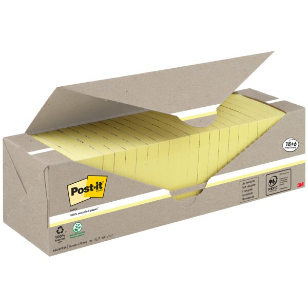 Post-it Bloc-note adhésif Recycling notes, 76 x 76 mm, jaune