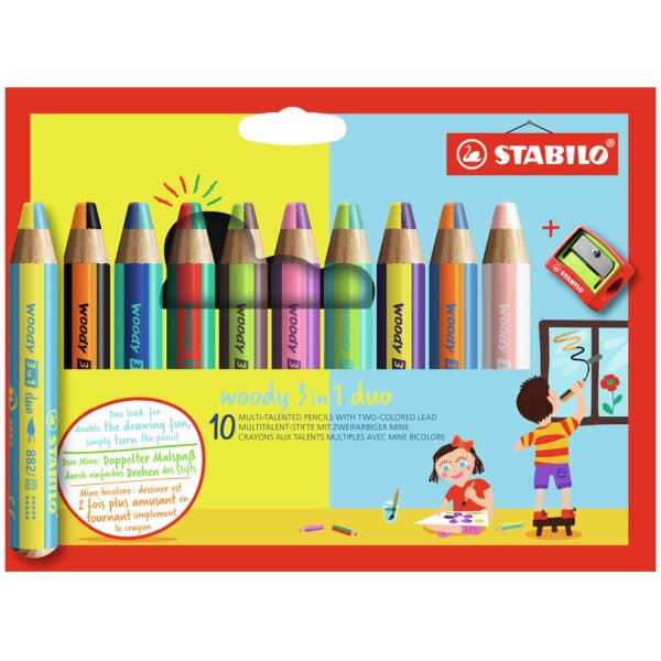 STABILO Crayon multi-talents woody 3 en 1 duo, &eacute;tui de 10