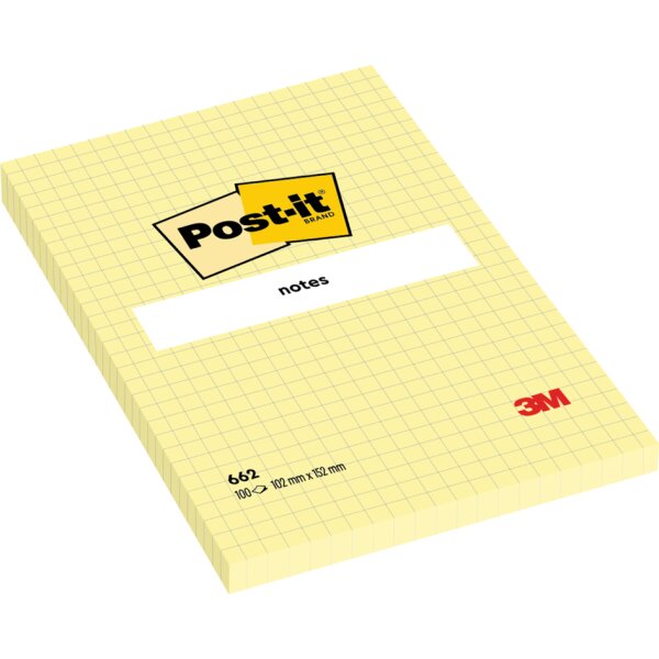 Post-it Bloc-note adhésif, 101 x 152 mm, quadrillé, jaune