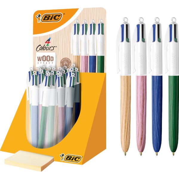 BIC Druckkugelschreiber 4 Colours Wood Style, 30er Display