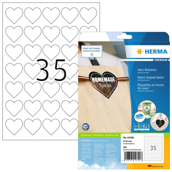 HERMA Étiquette en forme de coeur, diamètre: 35 mm, blanc
