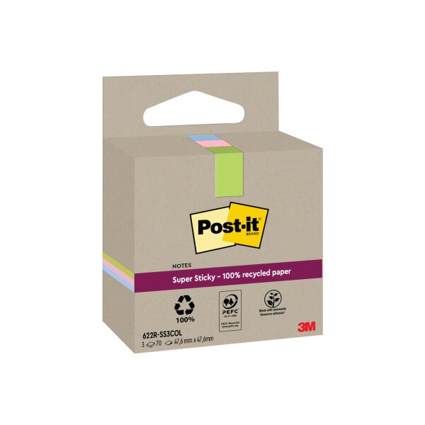 POST-IT SuperSticky Notes 47.6x47.6mm 622 RSS3COL Recycling,assort. 3x70 flls.
