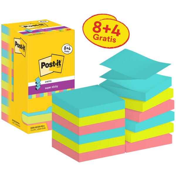 Post-it Bloc-note super sticky z-notes, 76 x 76 mm, 8+4