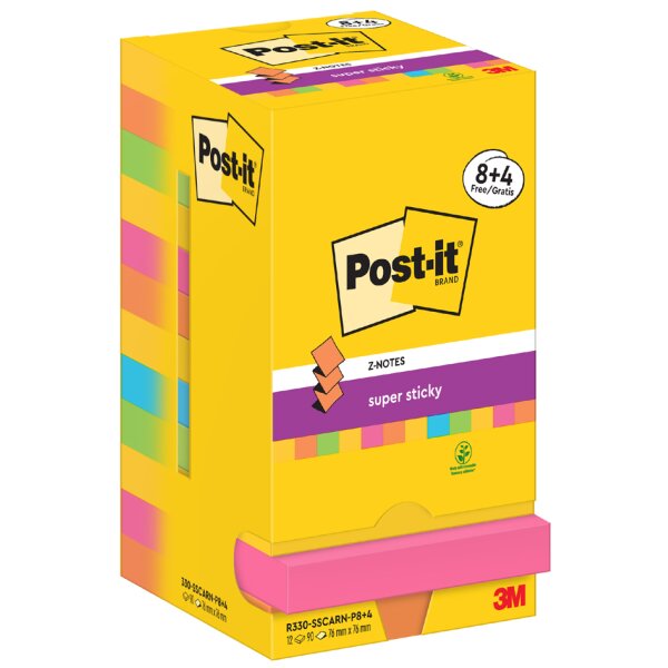 Post-it Bloc-note super sticky z-notes, 76 x 76 mm, 8+4
